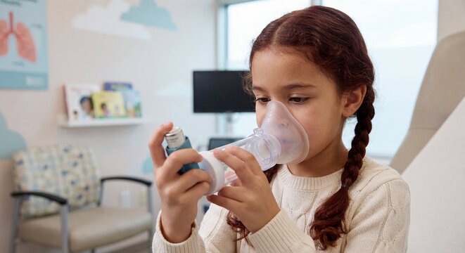 Young girl using an asthma inhaler with a spacer and face mask in a pediatric clinic, respiratory health, child medical care, asthma treatment.