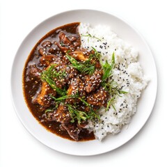 Fototapeta premium Mole poblano with chicken rich chocolate-spiced sauce sesame isolated on a white background