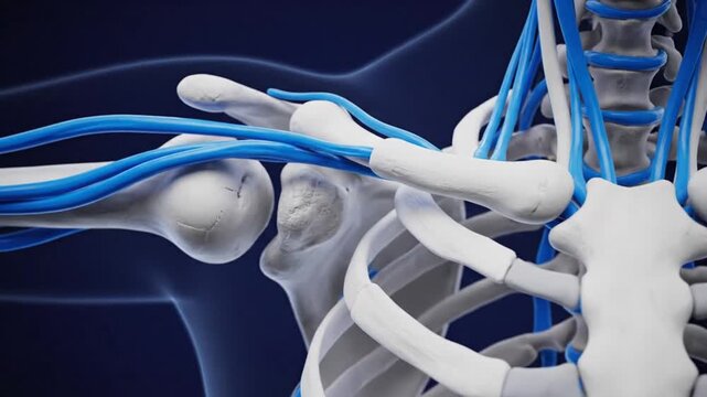 Anatomical 3D illustration of the human shoulder with bones, joints, and nerves for educational and medical purposes