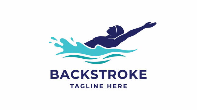 A silhouette of a swimmer gracefully executing the backstroke technique, surrounded by stylized waves, representing motion, freedom, and aquatic sports enjoyment.