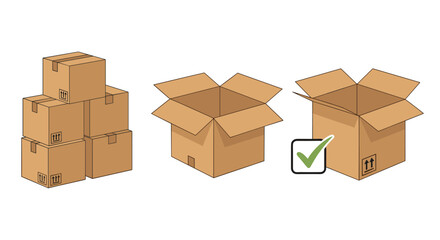 Fototapeta premium Detailed illustration showcasing three different views of cardboard boxes, representing packaging, shipping, storage, delivery, and e-commerce logistics.