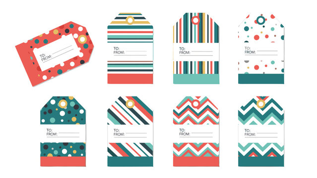 Collection of colorful patterned gift tags with stripes, dots, and chevrons for labeling presents and holiday packages.