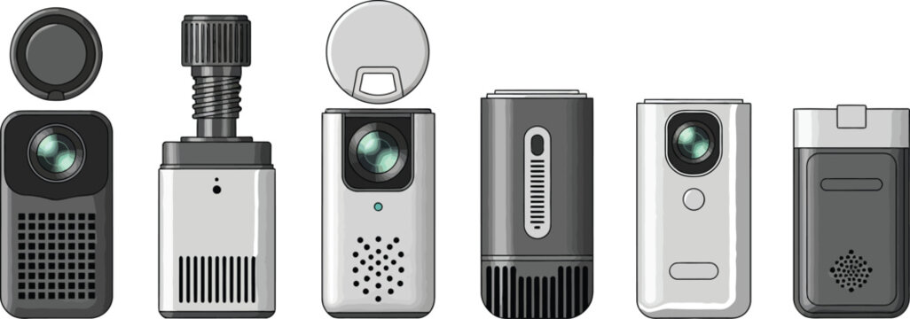 Collection of modern portable mini projectors and smart devices showcasing sleek designs and advanced technology for home entertainment and business presentations isolated on white