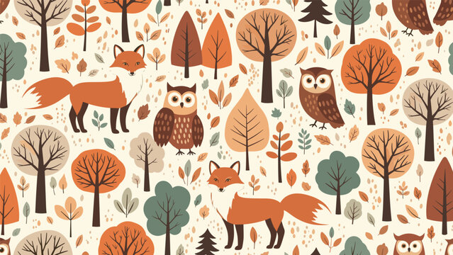 Charming autumn forest seamless pattern featuring orange foxes, wise owls, and various colorful fall trees on an ivory base.