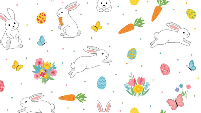 Cute easter seamless pattern with white bunnies colorful eggs carrots spring flowers and butterflies on white.