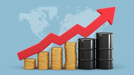 Fototapeta premium Red Arrow Pointing Upwards Symbolizing Growth, Economics, and Financial Success with Coins and Barrels on Blue Background