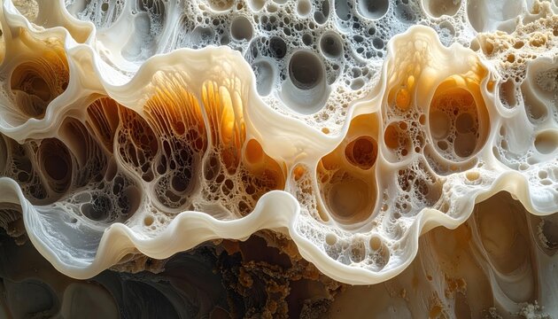Intricate, organic abstract with porous, layered textures and warm, golden hues