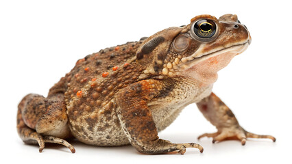 Naklejka premium Highly Detailed Photorealistic Close-up of a Brown Toad with Textured Bumpy Skin and Sharp Golden Eyes, Realistic Amphibian Digital Illustration Isolated on a Pure White Background.