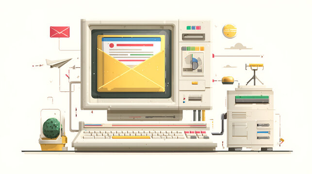 Retro 90s computer interface with new email message window. Vintage digital communication, old PC software design, nostalgic technology concept. Flat vector illustration isolated