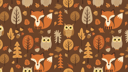Estores personalizados com sua foto Autumn woodland pattern features cute foxes and owls among colorful forest trees, falling leaves, and acorns on a dark brown background.