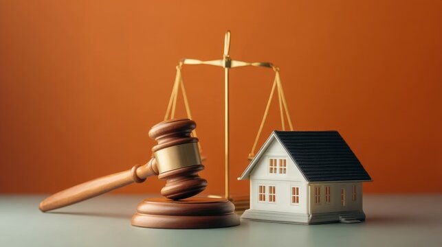 Justice and Property: Symbolic Representation of Law with Gavel, Scales, and Miniature House on Orange Background