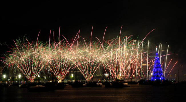 Fireworks Celebrate the Floating Christmas Tree Inauguration at Botafogo Beach in Rio de Janeiro, Brazil