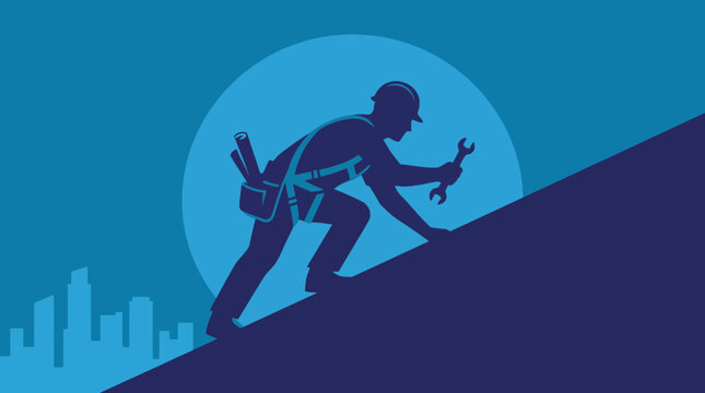 A silhouette of a dedicated worker skillfully adjusting elements on a rooftop against a vibrant blue background, showcasing the essence of hard work and craftsmanship.