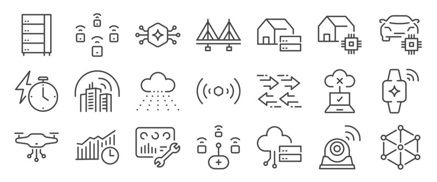 Edge computing icon set. It includes server, cloud, online, IoT, and more icons. Editable Vector Stroke.