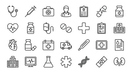 Comprehensive collection of medical icon set representing healthcare treatment and pharmaceutical elements in a linear style © MR7