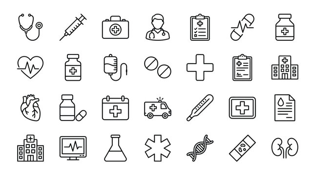 Comprehensive collection of medical icons representing healthcare treatment and pharmaceutical elements in a linear style