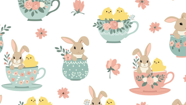 Seamless pattern with adorable bunnies and yellow baby chicks sitting inside floral decorated teacups surrounded by pink flowers.