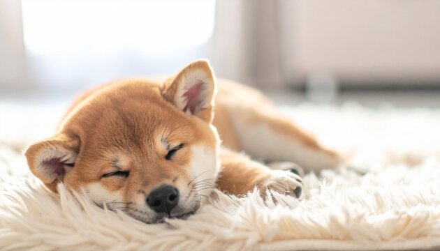 Shiba Inu puppy sleeping on a soft blanket