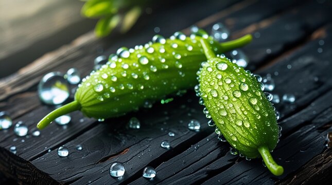 Macro photography of fresh oblong green Bilimbi fruits with glistening water drops.