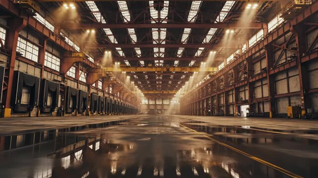 Vast industrial warehouse interior with multiple loading docks and overhead cranes.