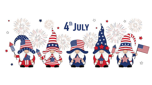 Festive group of five patriotic gnomes wearing American flag hats and holding stars and rockets for Independence Day celebration.