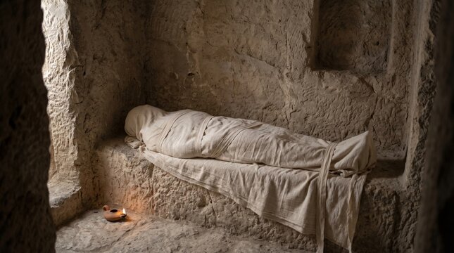 Body of Jesus wrapped in linen shroud lying in dark stone tomb.