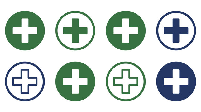 Eight oval medical emblems a collection of white and blue crosses on green and navy backgrounds