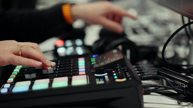 mixer operating professional video switcher fader live broadcast studio control panel Producer pushing transition lever mixing multimedia signals dark workspace Director adjusting