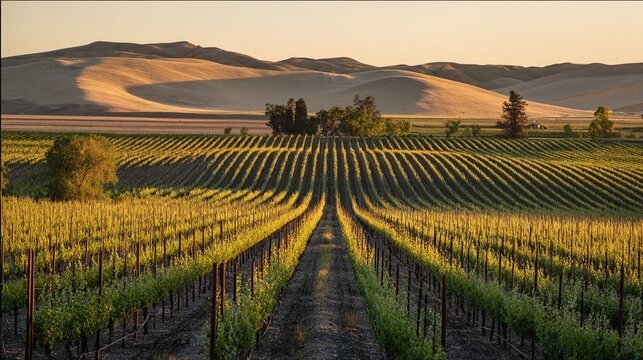 directional. A rolling vineyard landscape at golden hour, rows of grapevines leading to distant hills. travel magazines, destination branding, designed for travel destination branding.