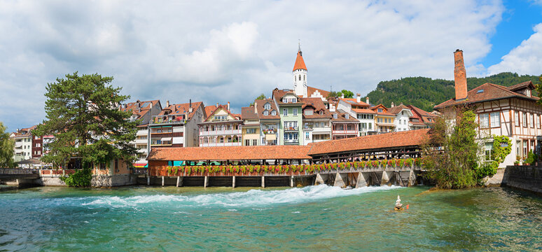 pictorial historic old town Thun, Aare river with footbridges, destination switzerland