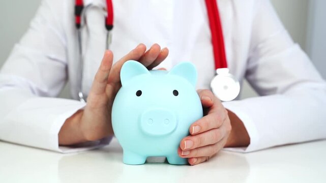 Medical professional holds a piggy bank gently. Hands cradle the piggy bank with care. The stethoscope rests on the white coat. The scene implies financial security for healthcare