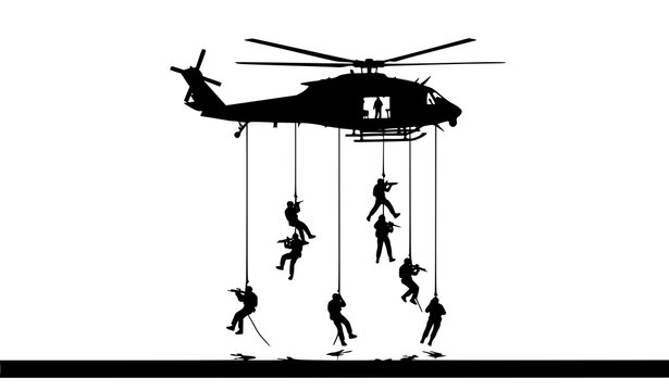 Special Forces Fast Rope Insertion from Helicopter Silhouette Tactical Combat Vector Art