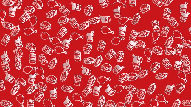 Doodle food pattern on red backdrop perfect for food blogs, packaging, and restaurant menus. Playful, vibrant, handdrawn fast food illustrations.