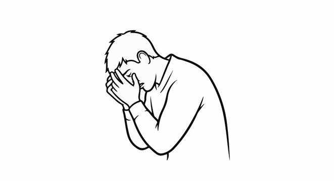 Man in a sweatshirt covers his face with hands, head bowed