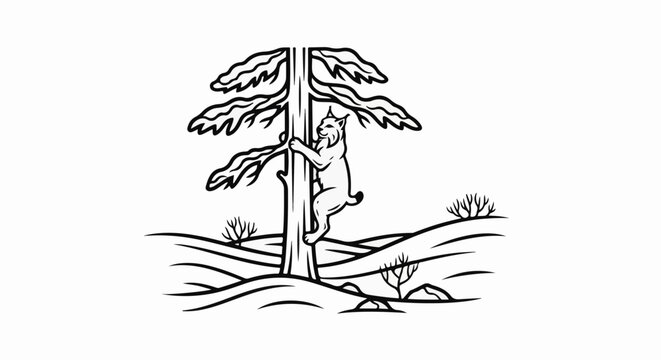 Lynx climbing a pine tree in a stylized hilly landscape