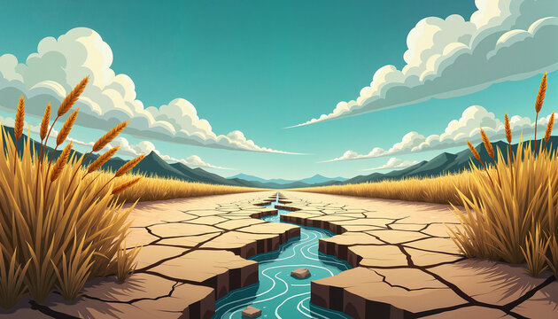 Dry cracked earth with a narrow stream surrounded by grass and mountains in the background. Concept of environmental issues, drought, and climate change.