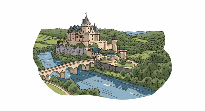 Majestic castle overlooking a river with a stone bridge and lush green hills
