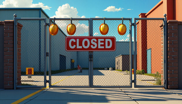 Closed gate at industrial facility with warning signs visible. The scene represents concepts of accessibility issues, security measures, or temporary business closures.