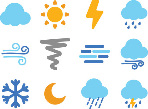 Collection of colorful weather icons including sun, clouds, rain, wind, storm, snowflake, and moon, representing forecast, climate, and meteorology concepts.