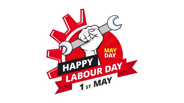 Happy Labour Day 1st May Animated Banner Fist Wrench Gear Typography