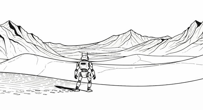 Lone robot gazes at desolate alien mountain range