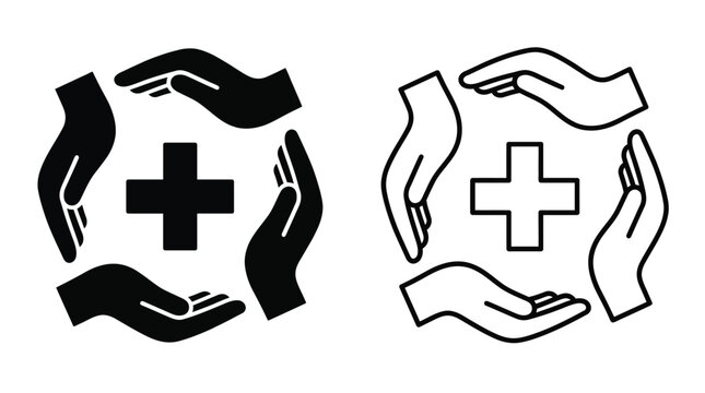 Symbol of healthcare and protection hands forming a circle around a medical cross icon