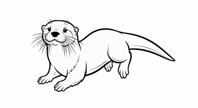 Line art of a playful otter with whiskers, paws, and a long tail