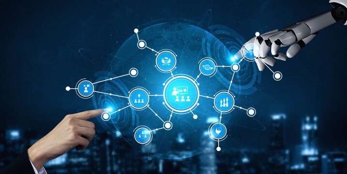 This image captures the connection between a human hand and a robotic arm, symbolizing the harmony between technology and human interaction in a digital landscape. Tessel