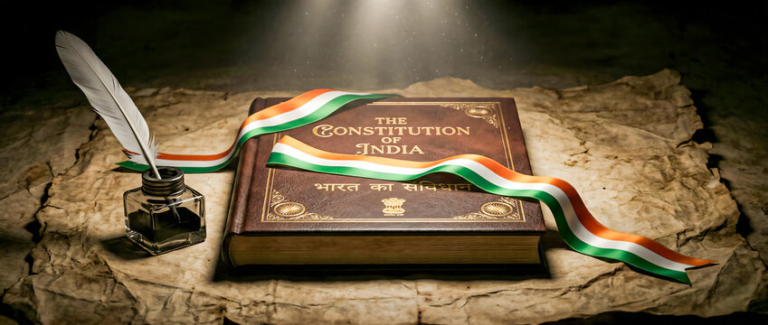 Dramatic spotlight on a vintage Constitution of India book resting on crumpled parchment, featuring a quill pen, inkwell, and draped tricolor ribbon.
