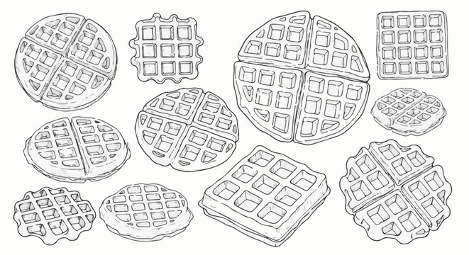 Hand-drawn sketch of various waffles in different shapes and sizes