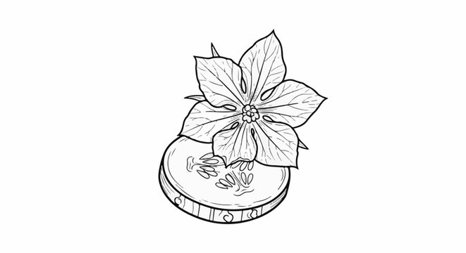 Hand-drawn sketch of a cucumber slice with a blooming flower atop