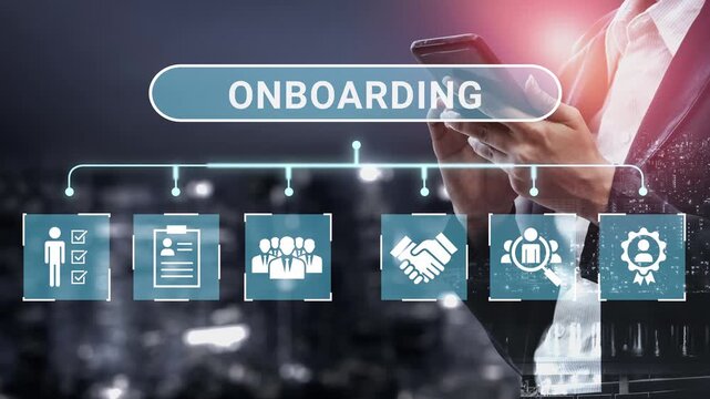 Professional Onboarding Process Concept with Graphic Icons for Employee Integration and Mobile Device Usage in Modern Business Environment Gluon.