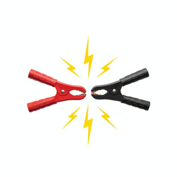 Close Up of Red and Black Alligator Clips with Lightning Effect Background