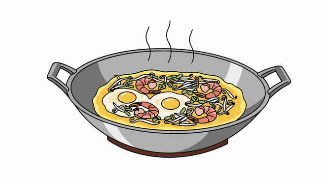 Hot pan with fried eggs, shrimp, and vegetables
